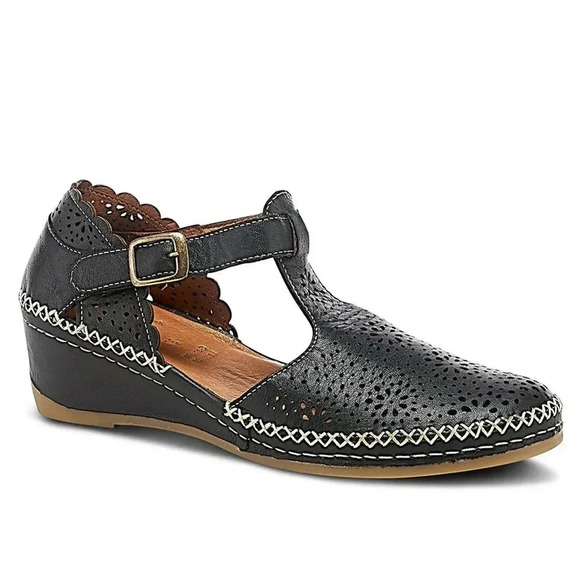 Spring Step EUC Black Leather, T-Strap Mary Jane Wedges with White Threading - Picture 2 of 11